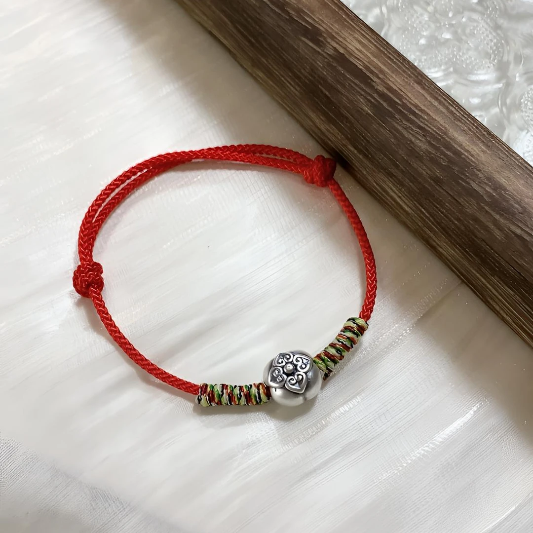宸尊 足银布艺手链 柿柿如意足银手链编织红绳好运手串女生礼物