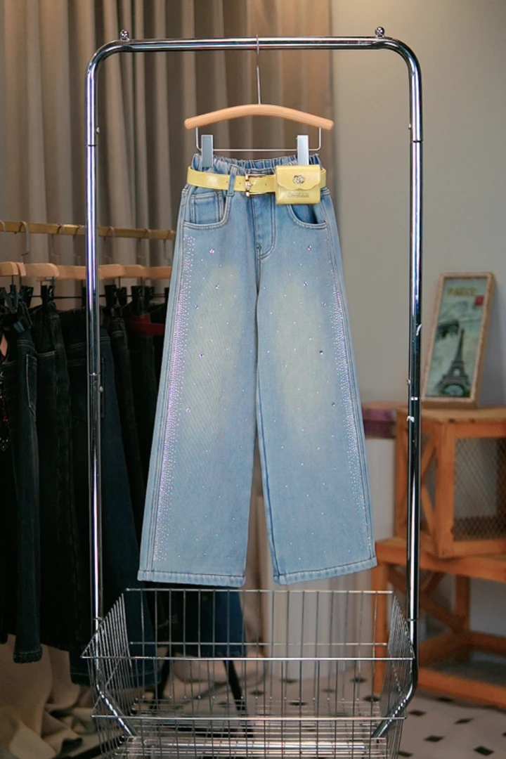 冬季春季女童加绒烫钻直筒裤高腰中大童百搭休闲牛仔裤839裤子