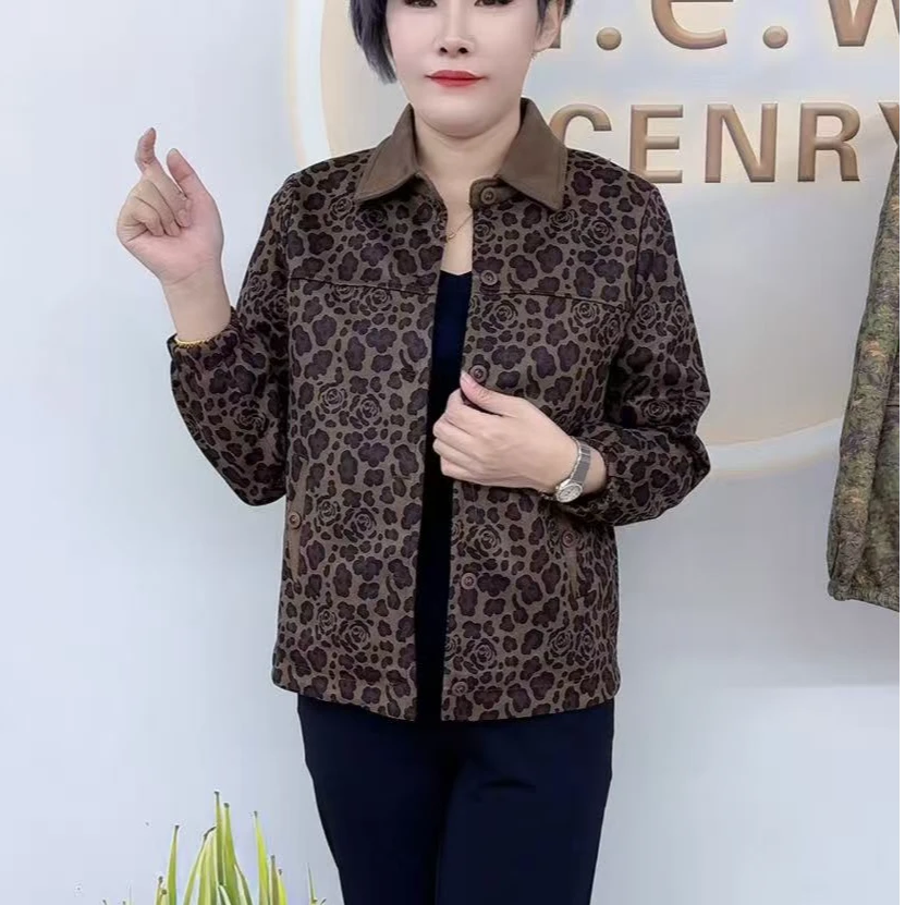 拼色翻领豹纹加衬妈妈开衫外套上档次洋气时尚爆款气质精品大方