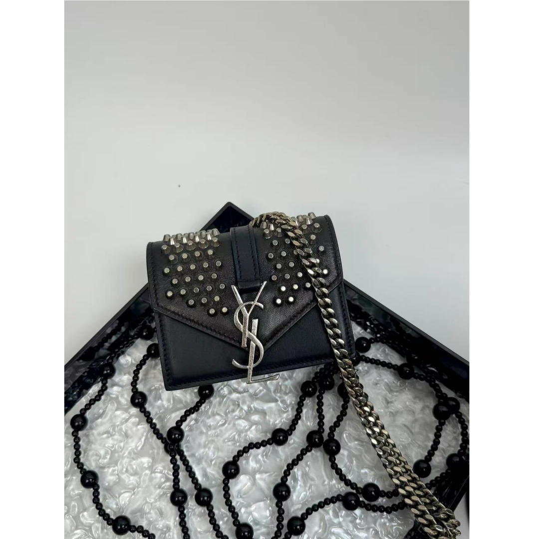 95新 YSL/圣罗兰 【小考拉】YSL 黑银铆钉邮差斜挎包