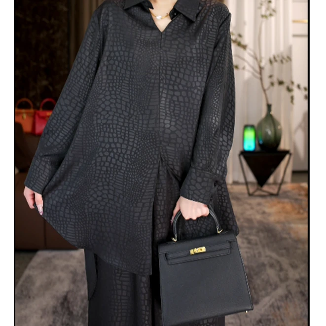 春季新品【暮光之城】时髦立体格纹黑色上衣宽松裤子大码套装-9999#