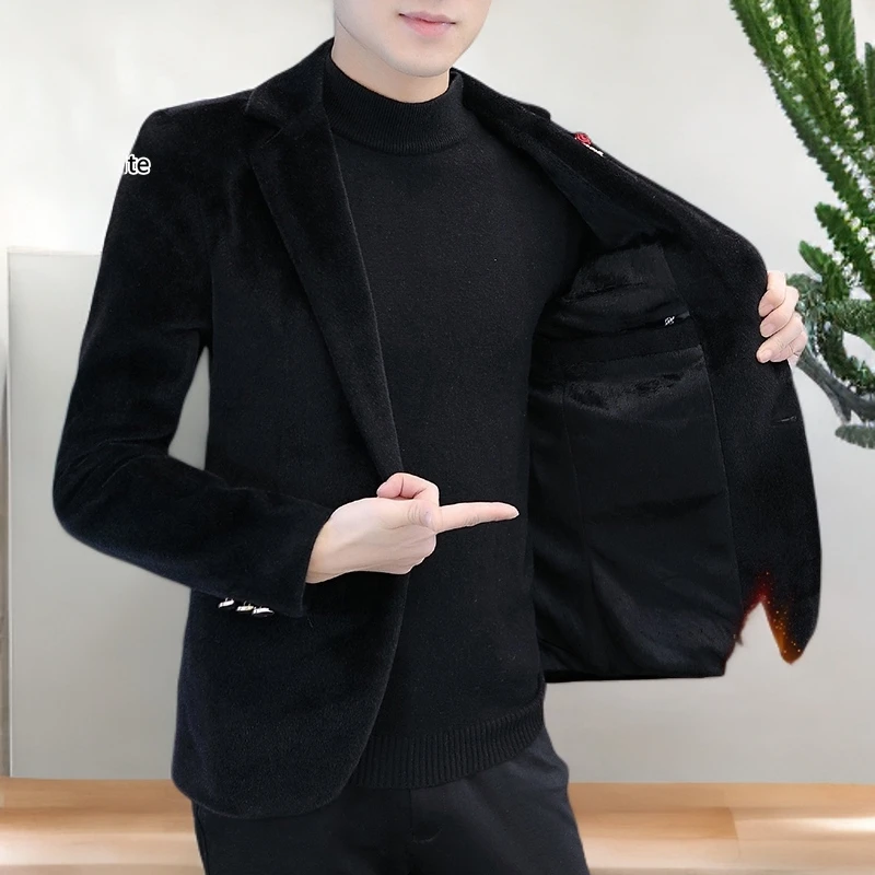 VALVOELITE冬季加绒加厚毛呢西装男韩版修身新款青年潮休闲小西服