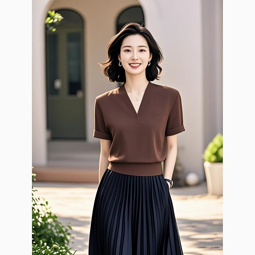 纯色衬衫女短袖夏季2025新款宽松薄款打底衫外穿显瘦半袖咖色衬衫