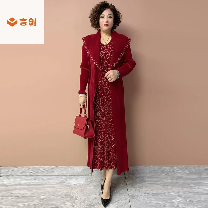 304长袖翻领中老年妈妈长裙春褶皱弹力大码洋气假两件百褶连衣裙