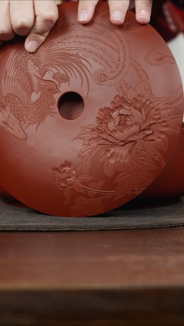 【闪购商品】紫砂茶叶罐朱泥雕刻牡丹凤凰三饼罐侧面刻凤舞九天