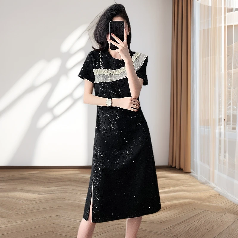 法式a版连衣裙大码胖mm洋气衣服女开叉木耳花边拼接宽松显瘦裙子