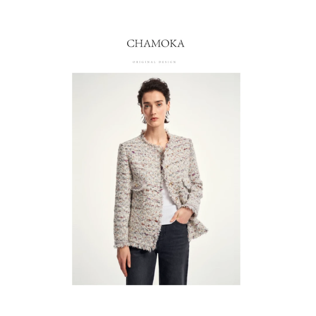 【夏莫卡】精致轻奢通勤时尚百搭显瘦风紫灰色花纱小香外套L831