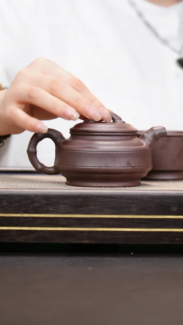 茶壶紫砂四号井底槽清双线竹鼓+宽口杯