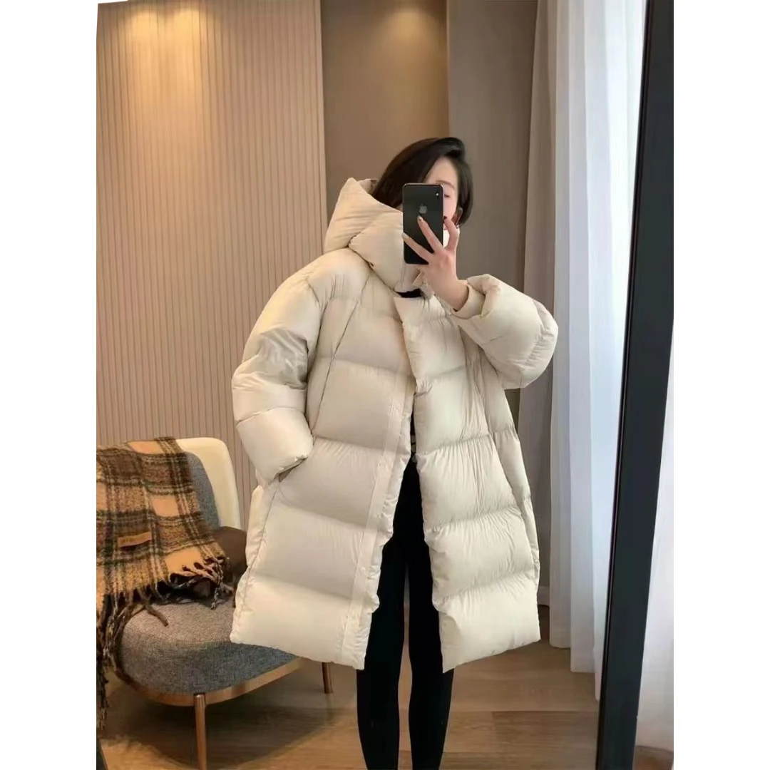 茧型云朵泡芙羽绒服女中长款韩版宽松连帽休闲时尚气质冬季外套