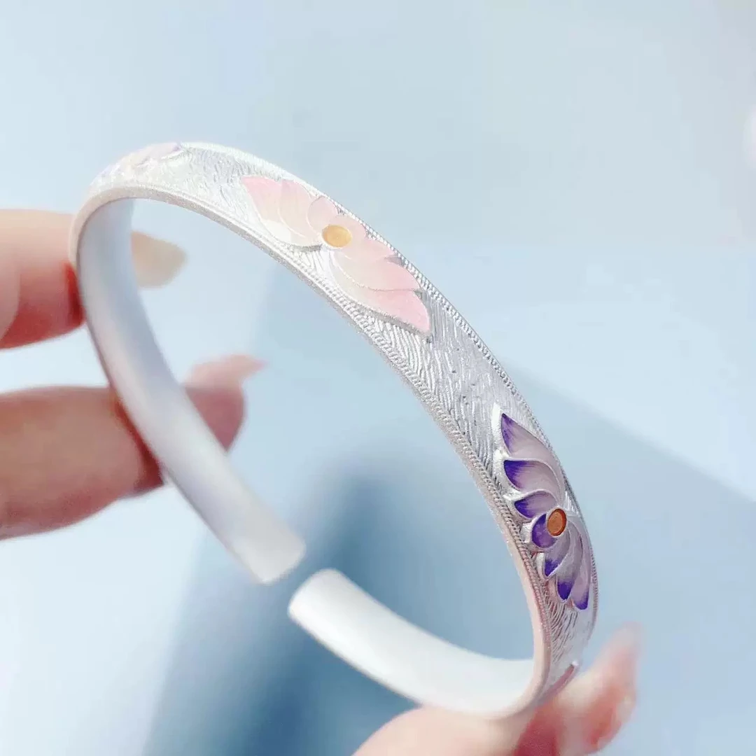 足银手镯 莲花珐琅彩足银999.9实心开口镯多彩花花