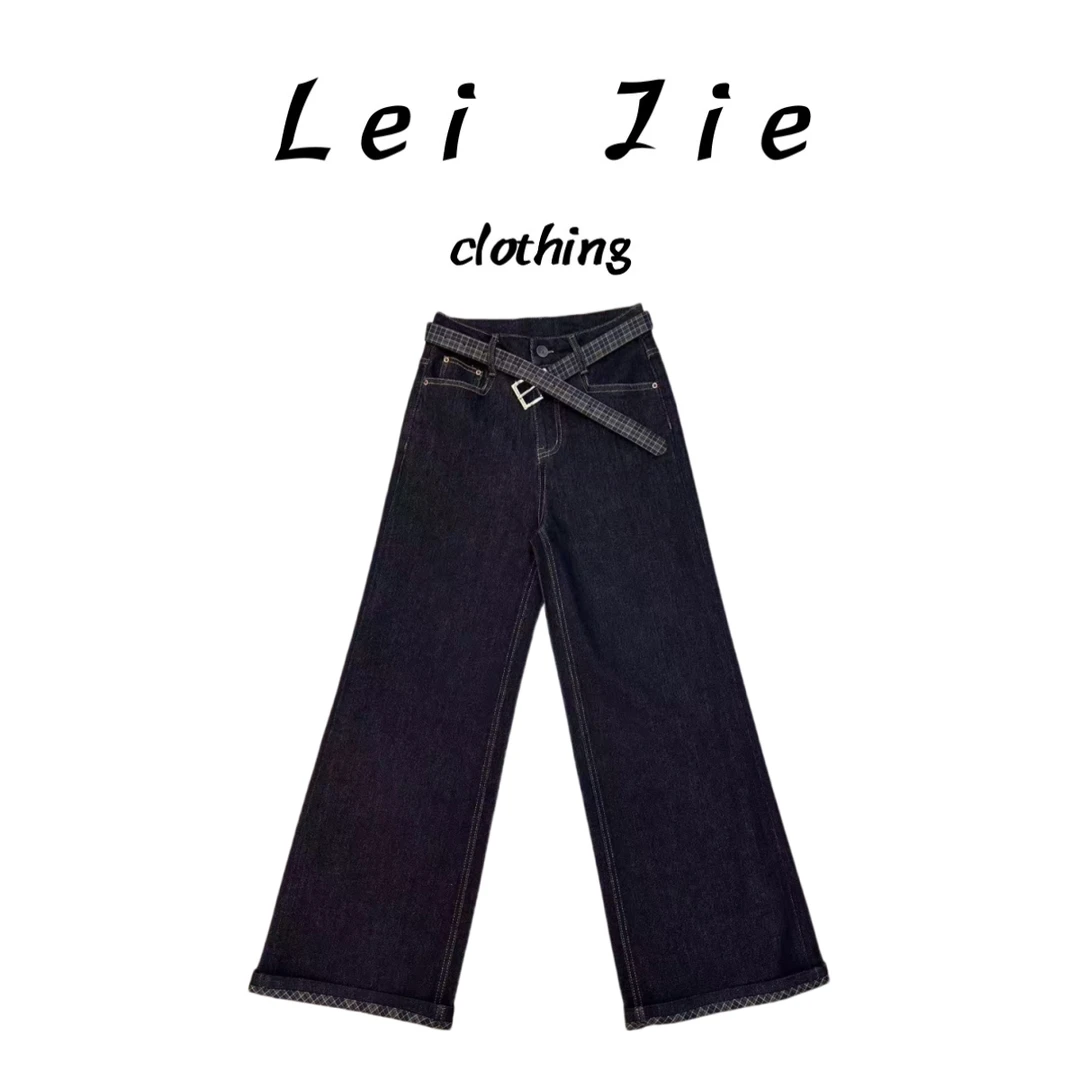 【Lei Jie】“早秋新款”复古格纹翻边直筒牛仔裤「配腰带」3920