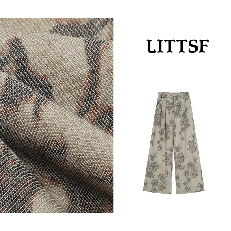 【MEILANXI】【水墨画】亚料印花休闲裤高腰显瘦半松紧阔腿裤9375