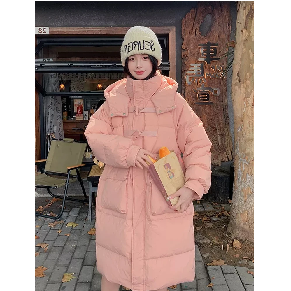 粉色中长款羽绒服女冬季新款法式收腰减龄小个子加厚白鸭绒外套