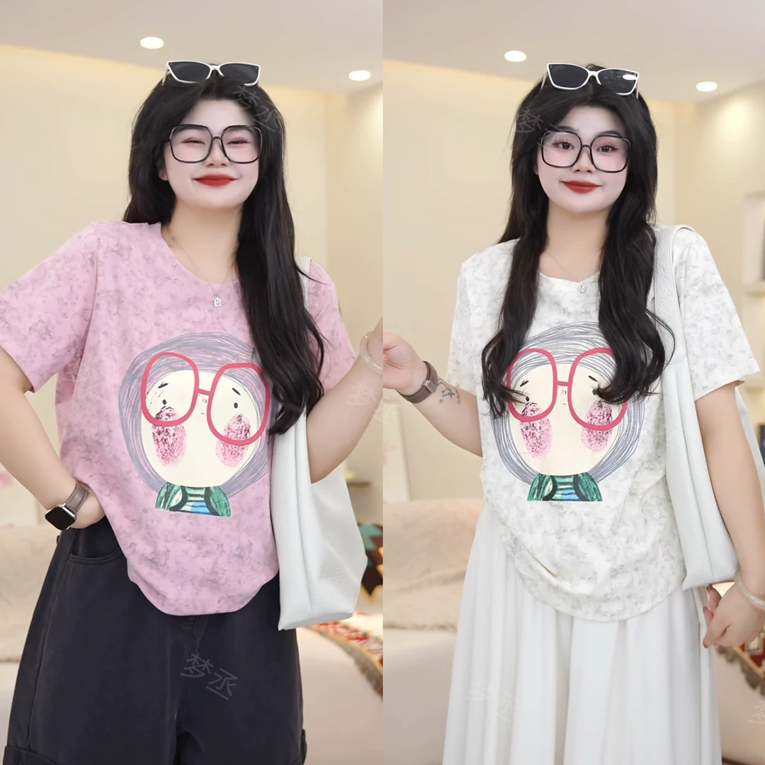 梦丞【呆呆萌妹】大码女装设计感卡通印花扎染时尚显瘦百搭短袖T恤