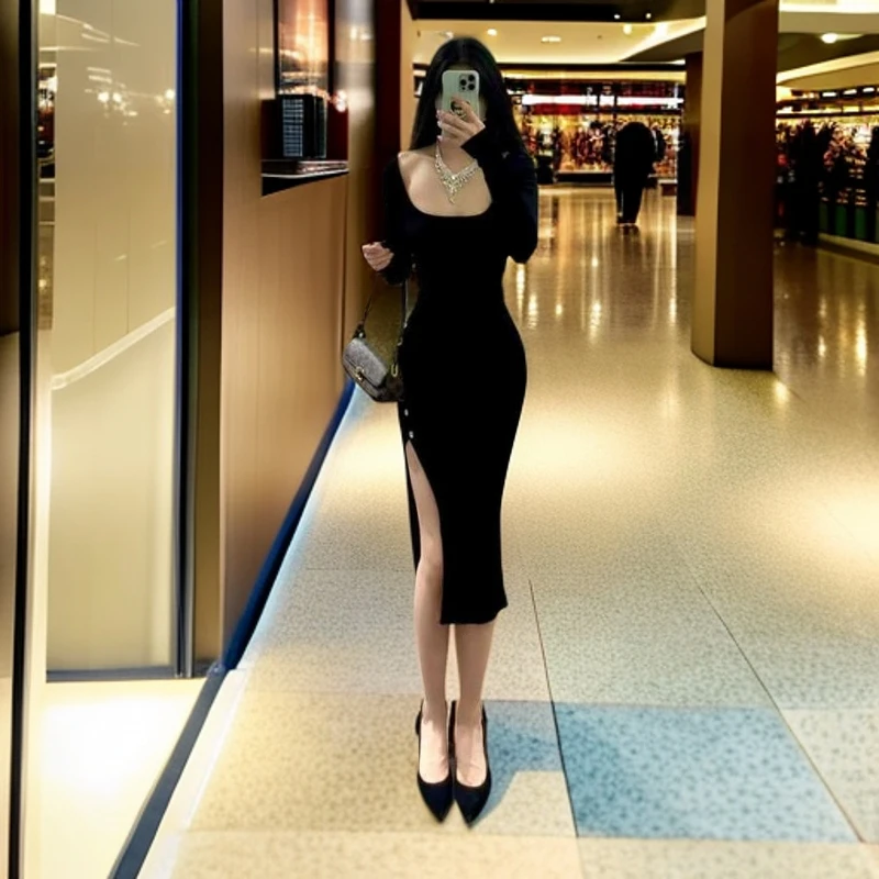 黑色气质方领长袖连衣裙女秋季御姐风穿搭收腰显瘦中长款包臀裙子