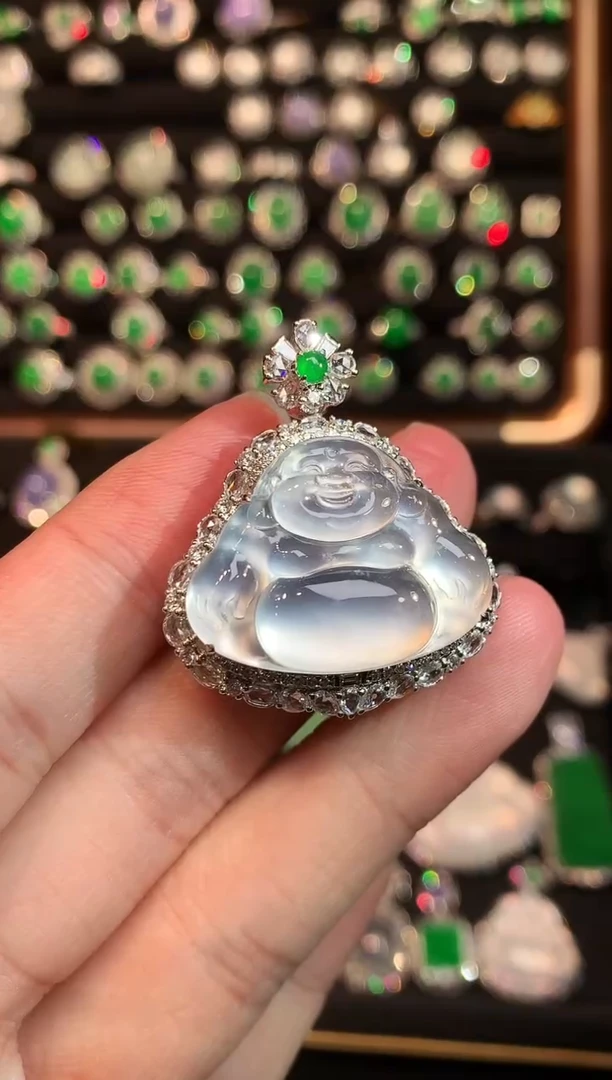 吊坠(赠链)18K金镶嵌翡翠玻璃钢极光白舒佛吊坠