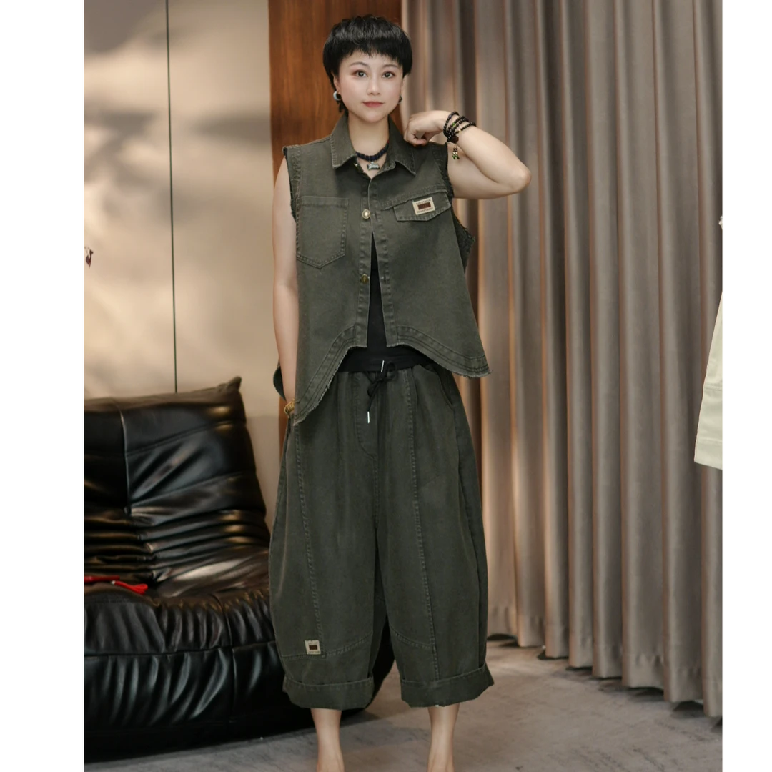 新中式上衣无袖民族风时尚套装休闲风中式短裤休闲牛仔