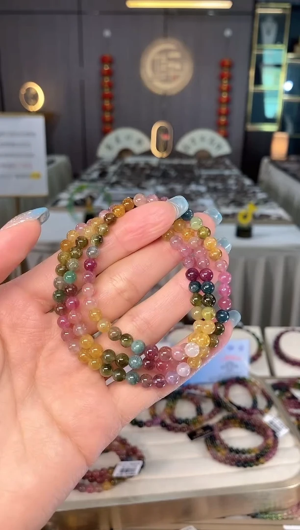 未镶嵌老矿碧玺色标彩虹三圈手串5mm+碧玺日****?多样性发一条mz
