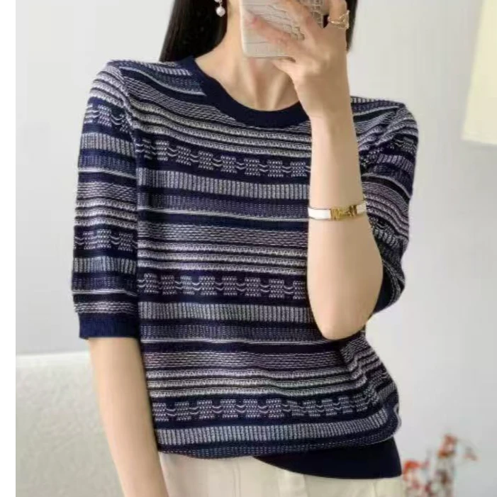 悦享服饰2025夏季新款条纹针织圆领复古个性设计老钱风短袖T恤