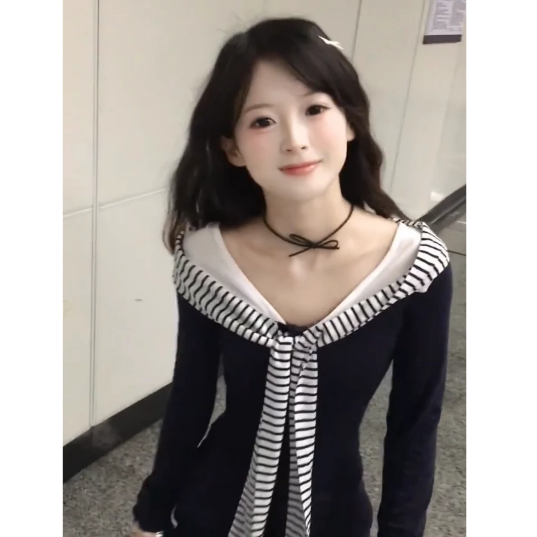 韩系设计感海军领条纹长袖t恤女秋季收腰显瘦内搭撞色假两件上衣
