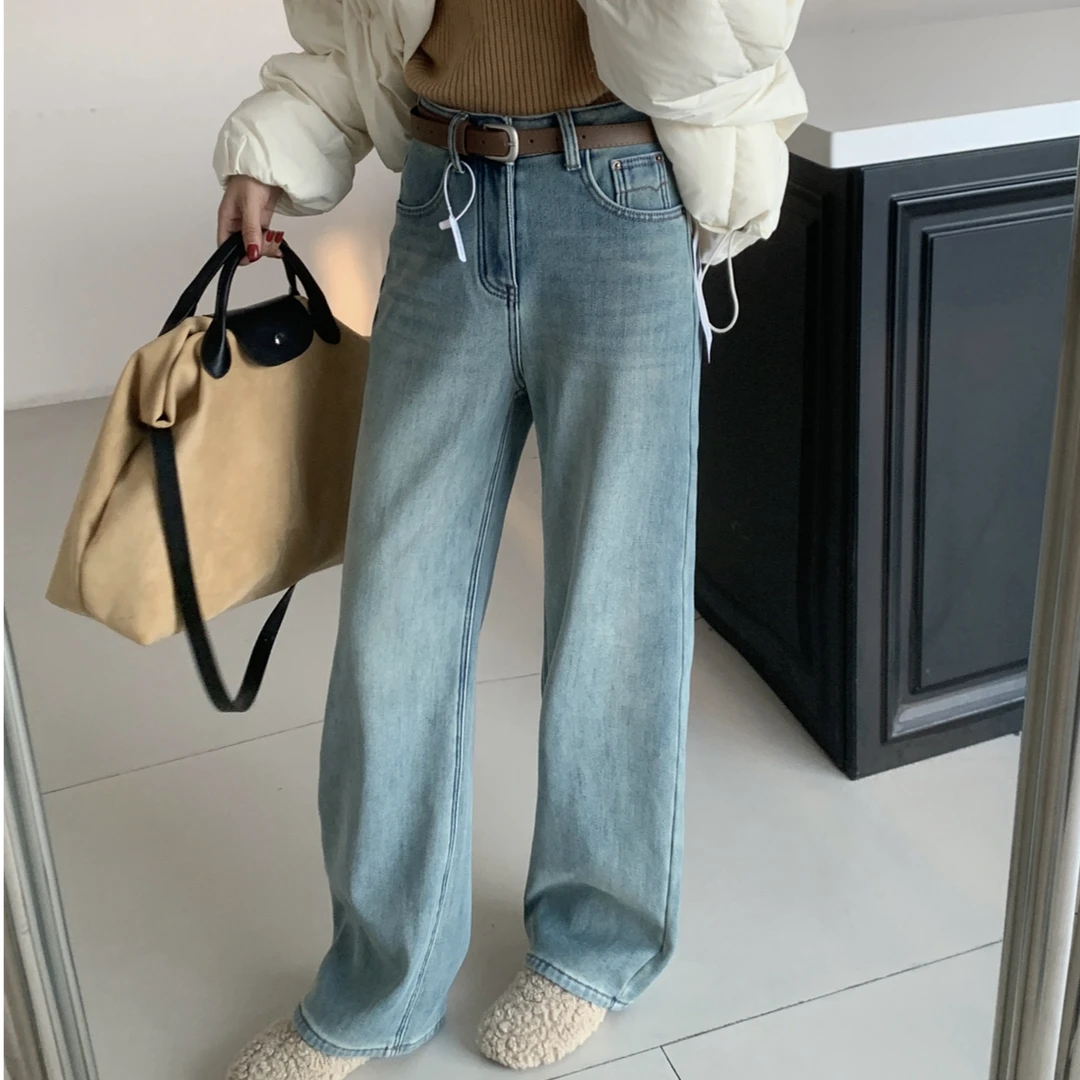 AA19【岁】2025秋冬季新款高腰弹力浅蓝窄版阔腿牛仔长裤女