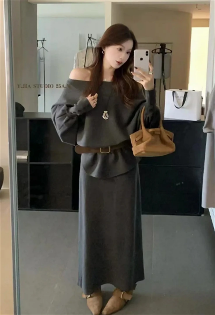 十三行针织上衣半身裙套装配腰带蝙蝠袖针织衫＋半身裙两件套女