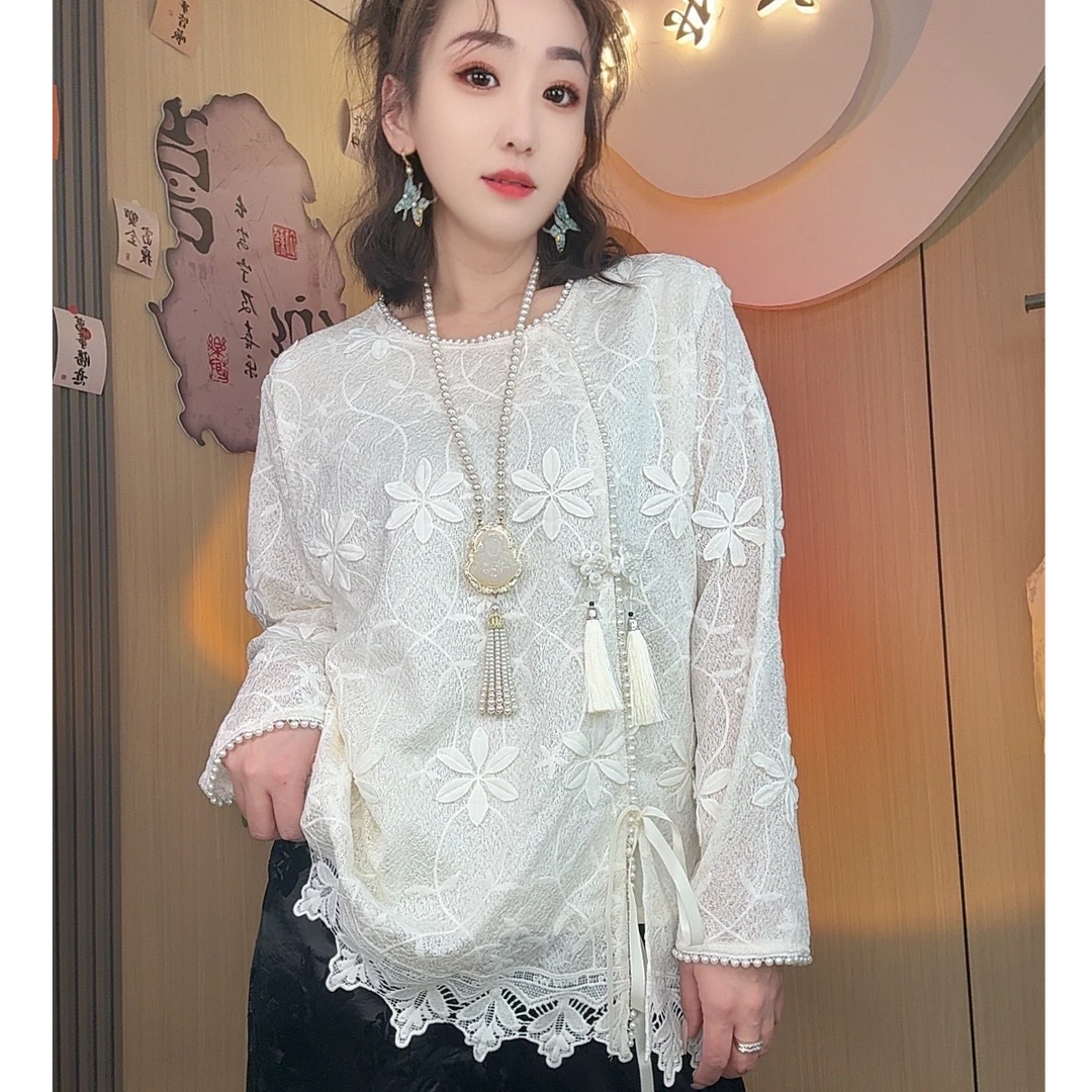 春款新中式提花重工刺绣斜襟盘扣流苏蕾丝衬衫上衣女