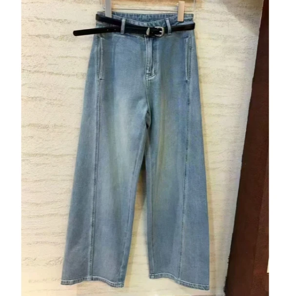 春款皮带配套牛仔拼接阔腿香蕉裤