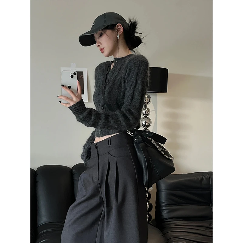 美式复古修身显瘦超好看麻花圆领长袖针织高腰小众休闲阔腿裤套装