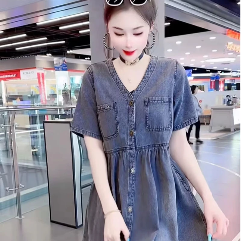 快手爆款韩版2025年夏季新款净版牛仔宽松遮肉显瘦中长款连衣裙女