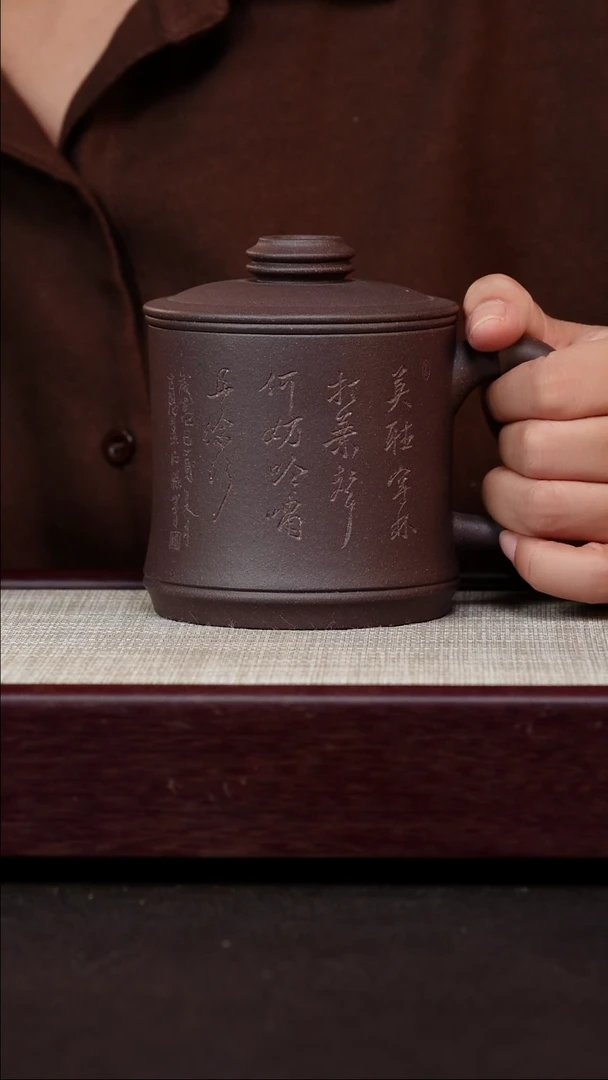 茶杯紫砂天青泥刻绘三件套