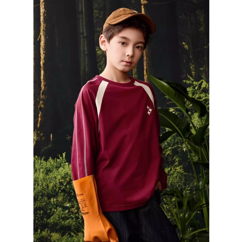 童装男大童25春新品儿童学院风运动休闲经典插肩袖拼色长袖T恤