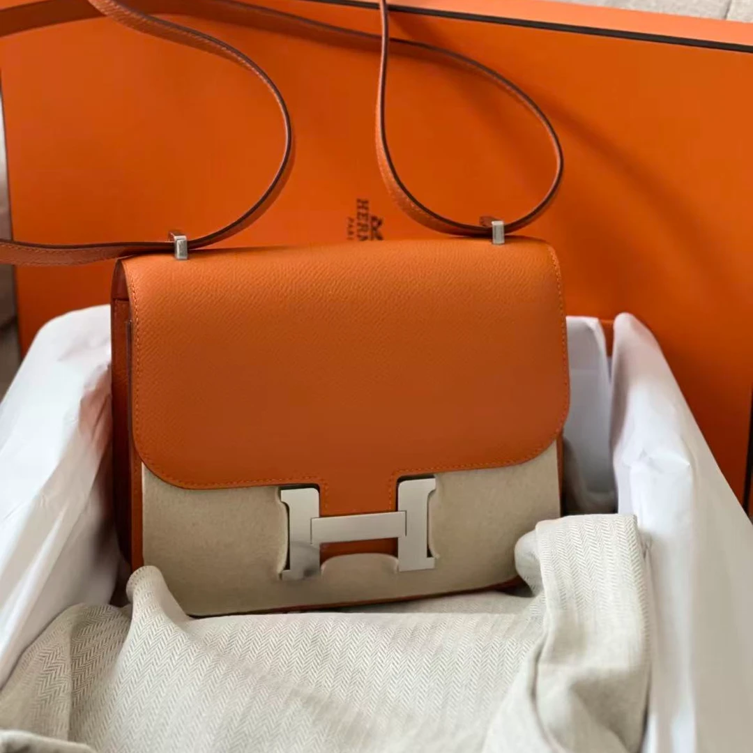 99新 Hermes/爱马仕 三疯直播间 康康19火焰橘银扣E皮x刻