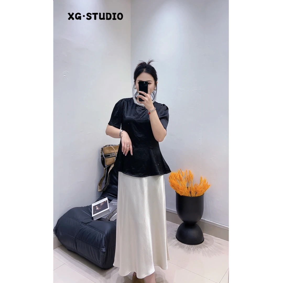 2025夏季新款大码欧货减龄宽松重工钉珠小个子胖M上衣+裙子两件套