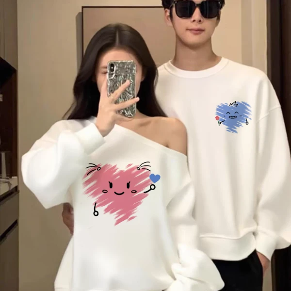 情侣装卫衣秋冬季新款一男一女斜肩纯棉卫衣宽松韩版潮流情侣卫衣