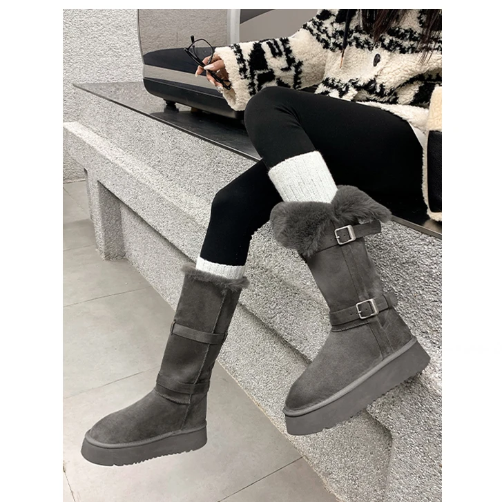 两穿厚底增高毛毛短靴高筒长靴保暖棉鞋东北雪地靴女冬季加绒加厚