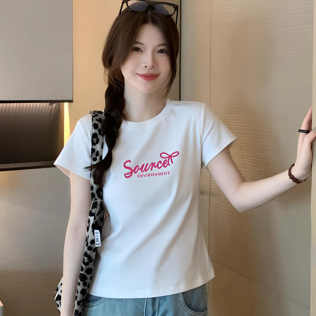 【字母蝴蝶结】2025春夏圆领打底短袖T恤女圆领百搭修身显瘦半袖