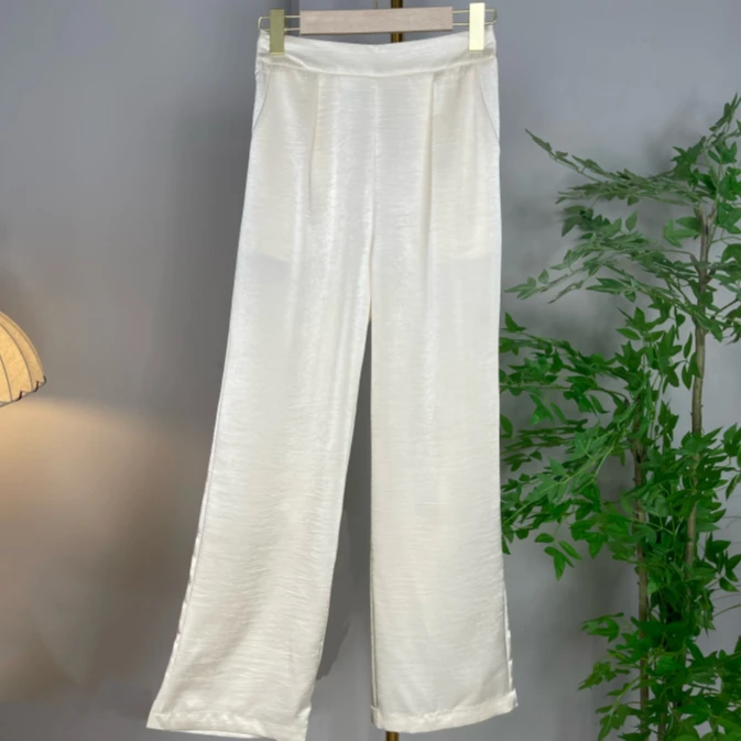 正品桑蚕丝窄版直筒裤女2025新款显瘦高腰女裤时尚休闲垂感直筒裤