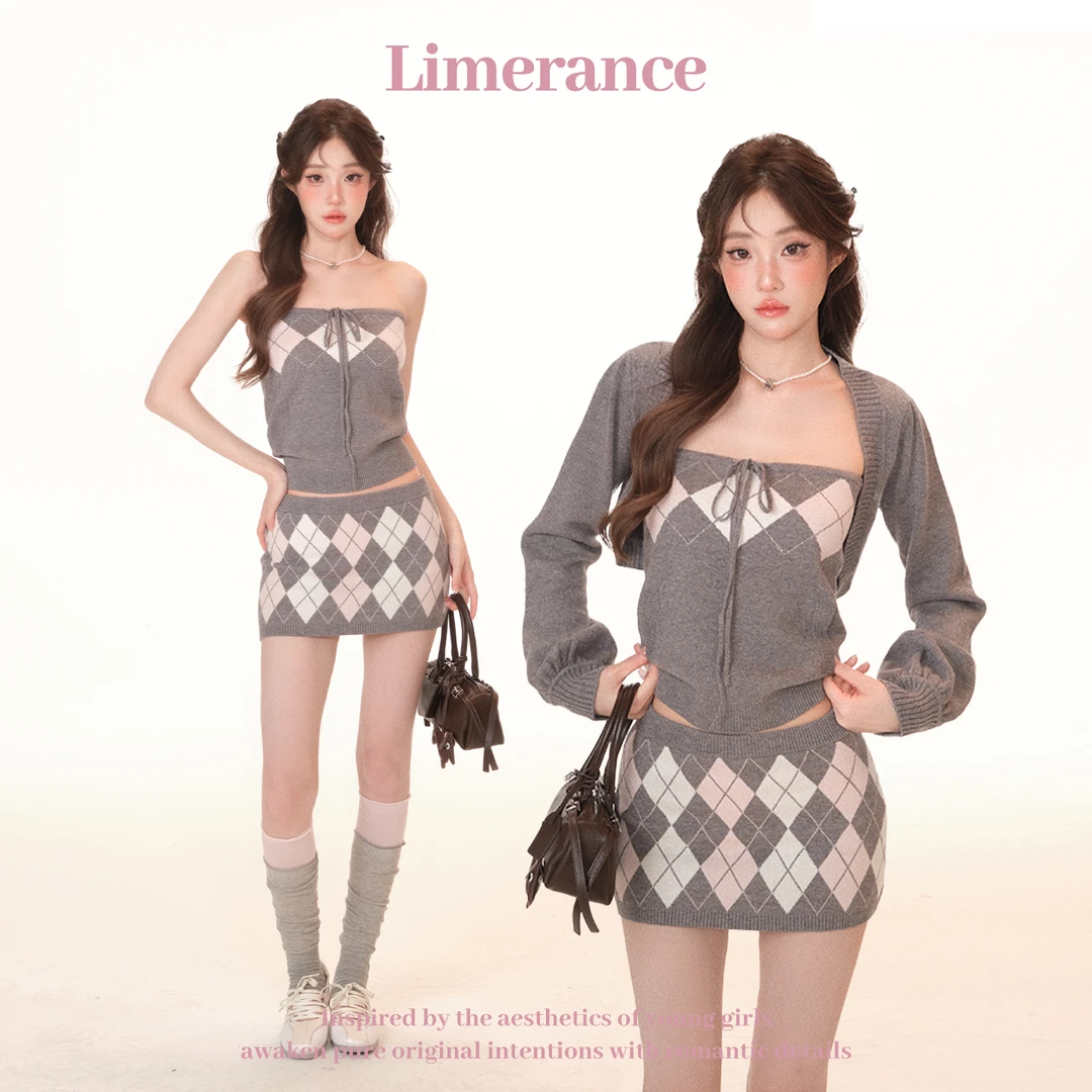 甜梨呆呆气质显瘦初序格调 灰粉格纹抹胸 短裙 坎肩 三件套