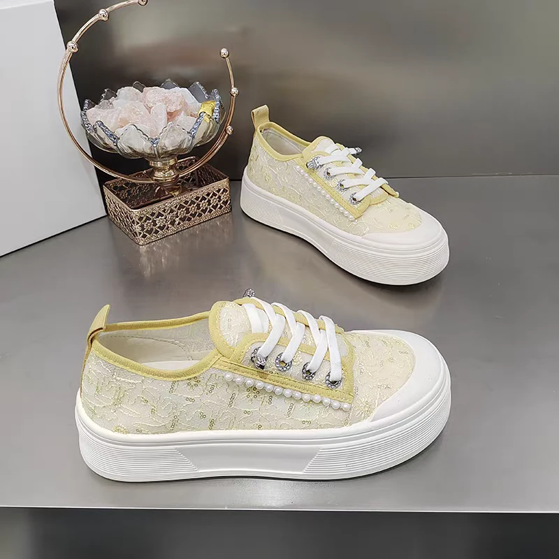 3915蕾丝网厚底圆头滑板鞋松紧带透气休闲女鞋2025春夏时尚百搭潮
