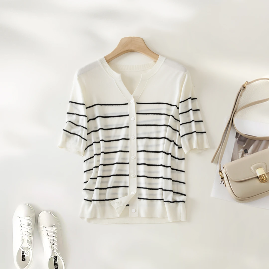 【剪刀领】数兰朵“醋酸天丝"清凉夏季条纹短袖海魂衫 简约v领开衫