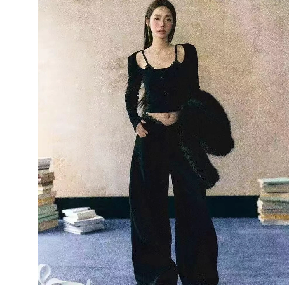 【FF-】辣妹时尚休闲阔腿裤腰头拼蕾丝休闲裤宽松女黑色长裤直筒