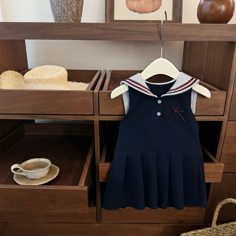 女宝宝海军领连衣裙2025夏童装甜美女童洋气百搭学院风背心百褶裙