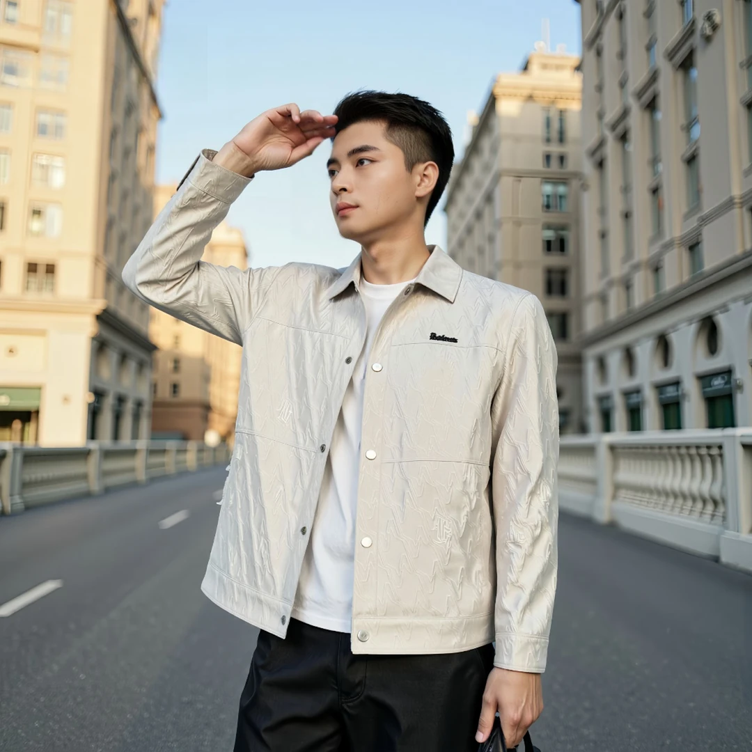 2025秋季新款男士提花面料翻领夹克时尚休闲商务百搭潮流帅气2607