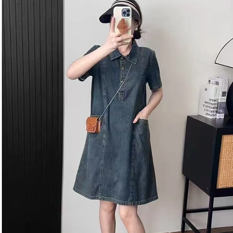 短袖夏季娃娃领吸汗中长裙连衣裙韩版休闲牛仔裙收腰裙子洋气