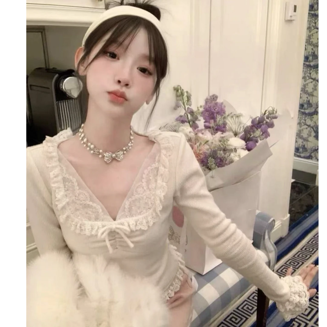 【梦梦】2024春季纯欲风甜辣蕾丝拼接显瘦打底衫设计感小众内搭