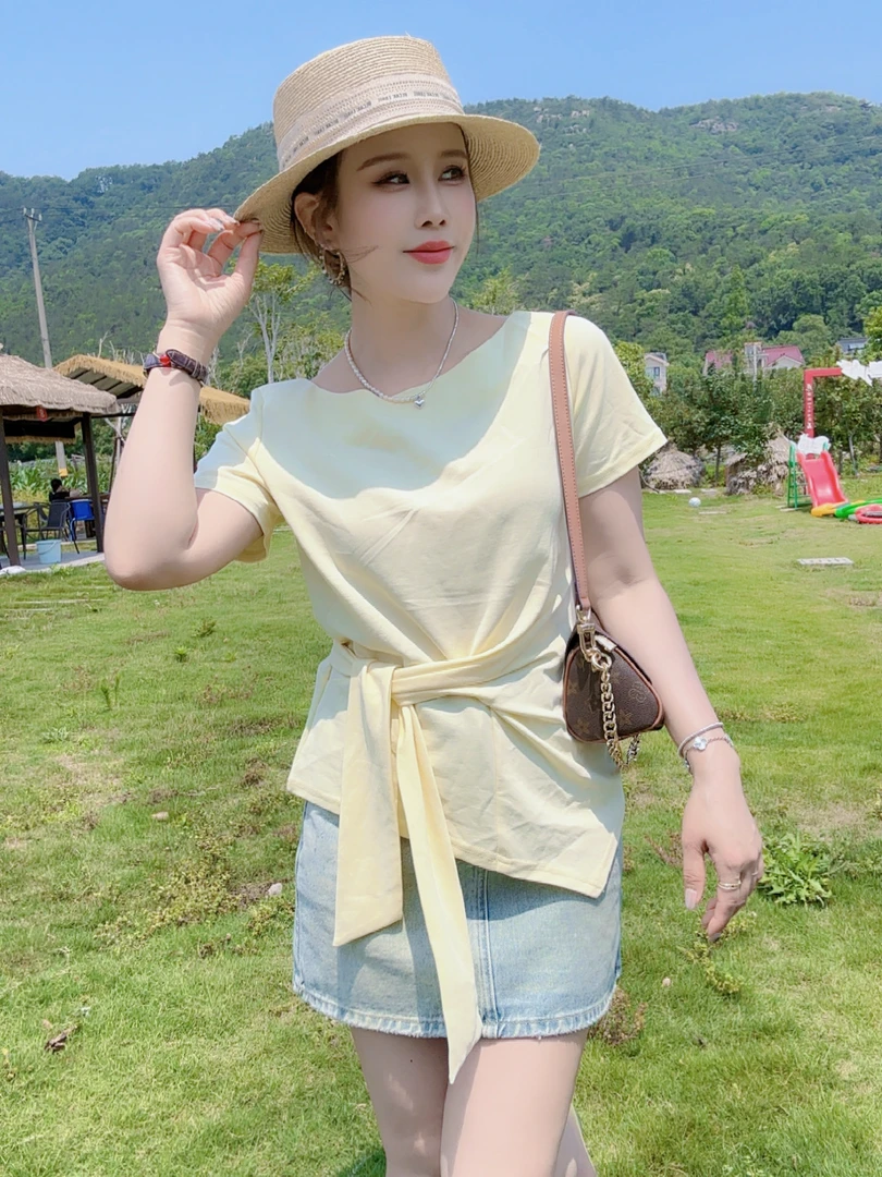 恰逢景梅子自留款夏季t恤女显瘦韩版设计感不规则绑带短袖女上衣