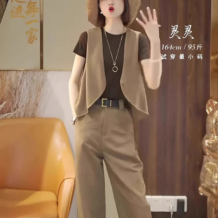 咖色时尚套装女干练气质高级感穿搭显瘦短袖阔腿裤夏装搭配一整套