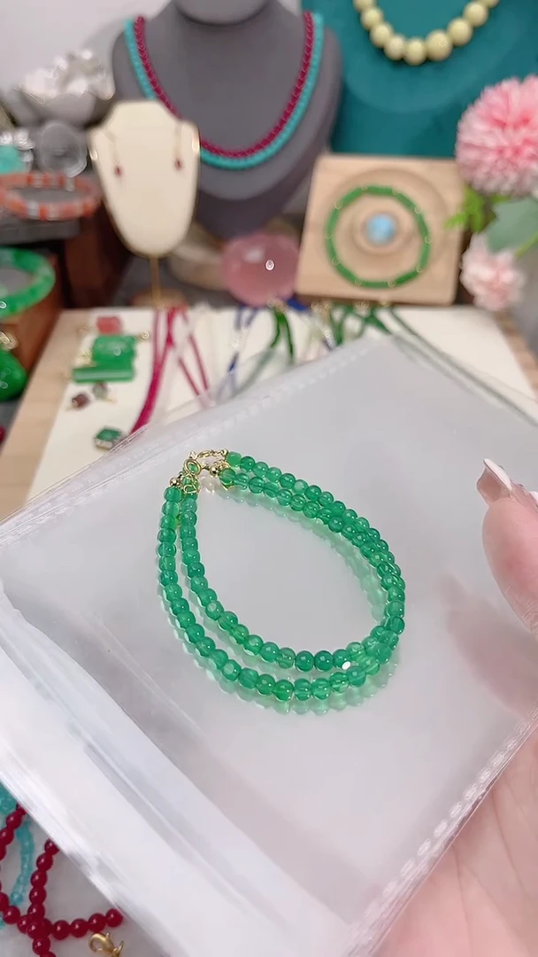 绿水晶手链银S925镶嵌鼓珠39