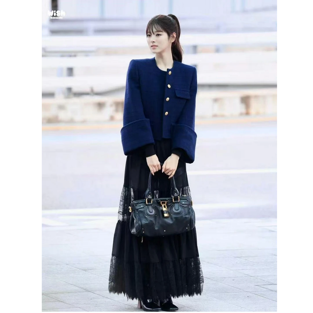 【田中杏奈同款】小香风金属扣毛呢外套法式时尚百搭上衣配蕾丝半裙